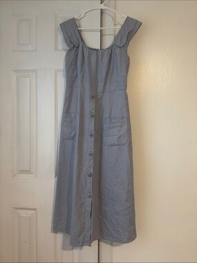 Reformation French Blue Linen Midi Dress – Button Front, Patch Pockets, Size 10
